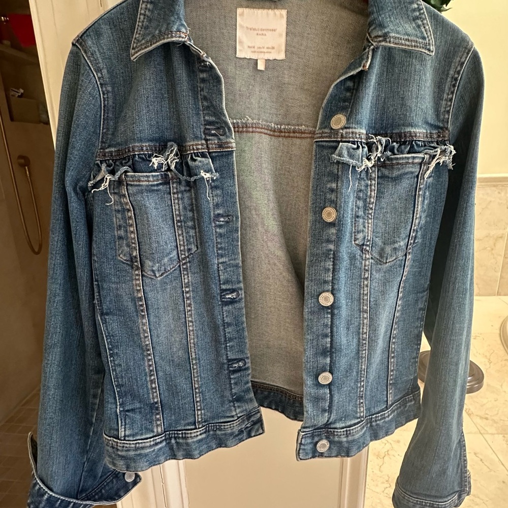 Denim Jacket with Frayed Detailing